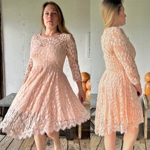 Free People Sheer Lace Floral Lined 3/4 Sleeve Pink Cocktail Midi Dress size 10